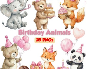 Birthday Animal Clipart PNG – Pink Watercolor Wild Animals – Bear, Elephant, Fox and Panda – Digital Download