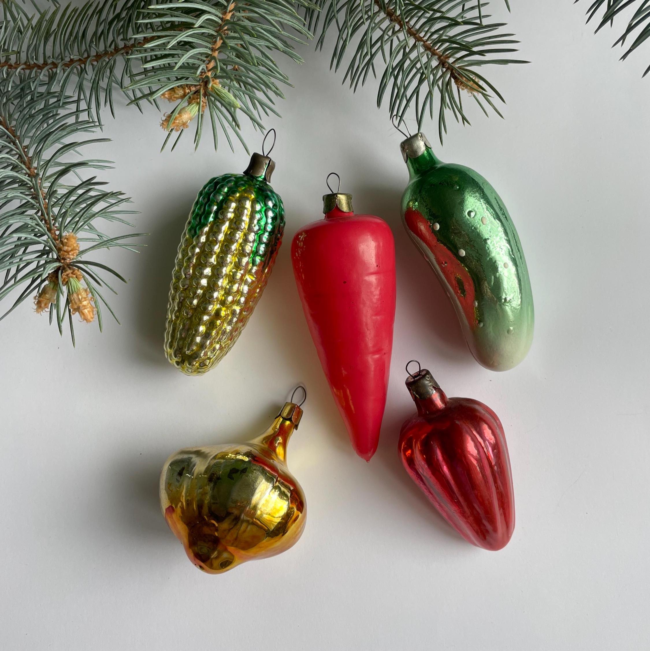 Vintage Glass Vegetable Christmas Ornaments - Set of 5 Kitchen
