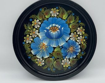 Vassoio in metallo vintage con decorazioni floreali – Vassoio da portata ucraino Petrykivka dipinto a mano – Decorazione rotonda per la cucina