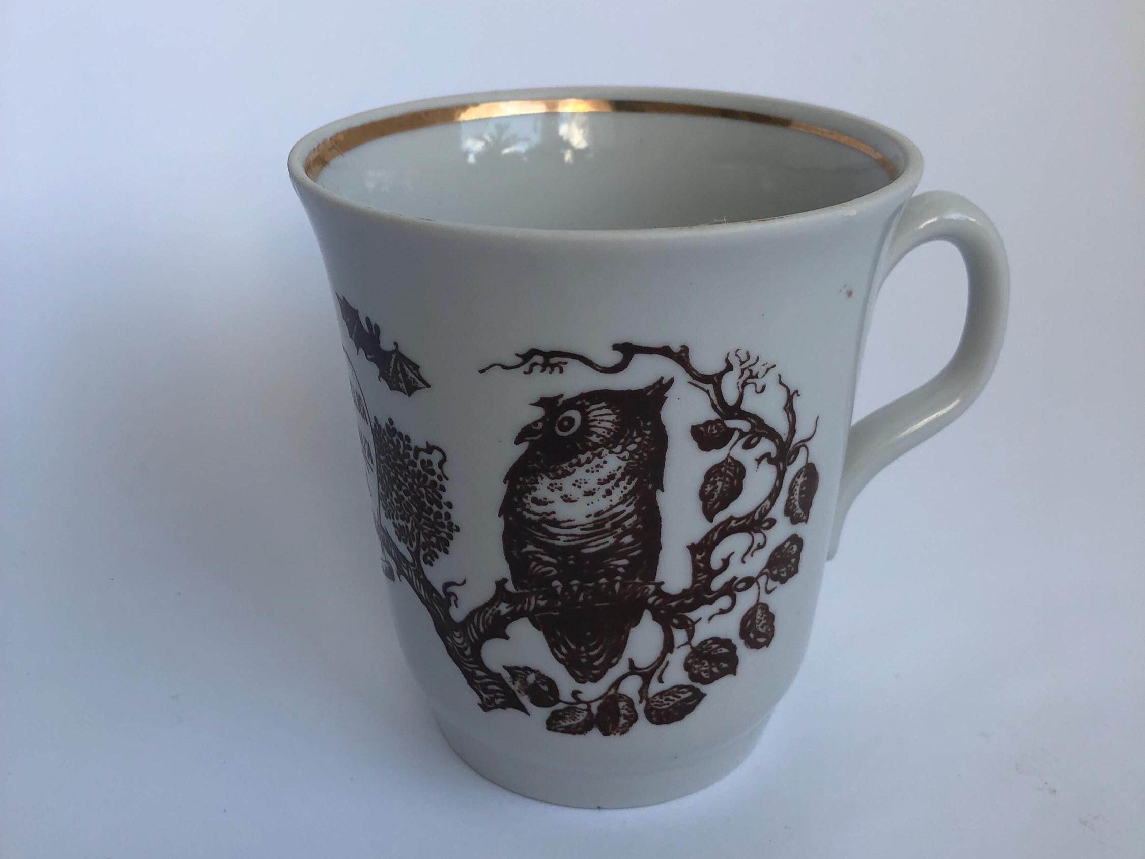 Vintage Eagle Owl Mug, Soviet Porcelain Cup, Red Book Series, Ukrainian 1980s Bird Mug