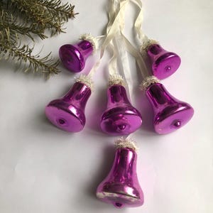 Set of 6 vintage GDR glass Christmas bells on ribbons - Holiday decorations