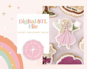 File STL con tagliabiscotti e timbro a forma di fata che tiene in mano un tulipano