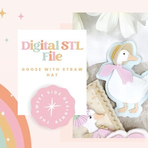May include: A digital STL file of a goose wearing a straw hat and a pink bow. The image includes the text "Digital STL File" and "Goose with Straw Hat". A pink logo with the text "The Sweet Side Designer" is also visible.