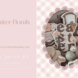 May include: The image shows the text "Easter Florals" and "STL FILE FOR PERSONAL USE". Within an oval frame, there are Easter-themed cookies and decorations, including the word "Easter" spelled out with cookies, and a bunny-shaped cookie.