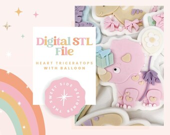 Heart Triceratops With Balloon Cookie Cutter & Stamp STL File