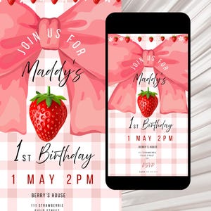 Berry First Birthday Invitation Cute Bow and Pink checkered pattern Strawberry 1st Birthday Invite Editable Invitation Template Mobile