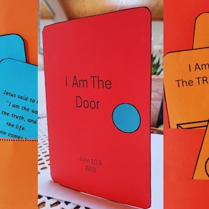 May include: A red card with the text "I Am The Door" and the scripture reference "John 10:9 WEB". A blue circle is in the centre of the card. The card is part of a set of cards with the text "I Am The Truth", "I Am The Way", and "I Am The Life".