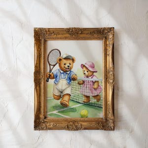 Vintage Tennis Teddy Bear Wall Art Water Color Illustration Pastel Art Print Boy Bear Girl Bear Decor Tennis Poster Decor Kids Room Toddler