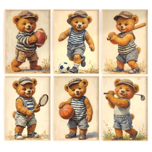 Vintage Sports Teddy Bear Set of 6 Baby Boy Decor Set Boy Bear Nursery Bear Art Print Kids Wall Blue Art Sports Baby Boy Room Art Download