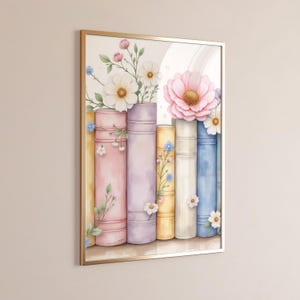 Whimsical Bookshelf Pastel Books Wall Art Reading Nook Decor Book Lover Painting Pastel Reading Watercolor Books Pastel Prints Girl Room