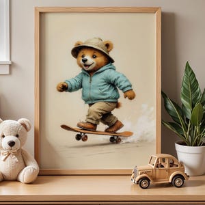 Kids Wall Art Sports Skateboarding Art Bear Art Print Boy Bear Blue Art Fun Animal Art Pastel Colors Wall Art Vintage Teddy Decor Download