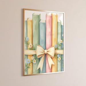 Whimsical Bookshelf, Pastel Books Wall Art, Reading Nook Decor, Book Lover Painting Pastel Reading, Watercolor Books Pastel Prints Girl Room