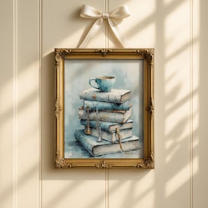 Light Blue Wall Art Book Club Book Nook Poster Book Art Digital Download Bookish Wall Art Vintage Wall Art Gift for Librarian Coffee print