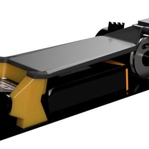 May include: A black and yellow electric foot pedal with a black base and a black and orange gear mechanism.