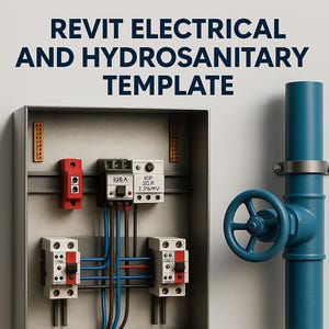 May include: An electrical panel with circuit breakers and wiring is shown. A blue pipe with a valve is on the right. The text "REVIT ELECTRICAL AND HYDROSANITARY TEMPLATE" is at the top.