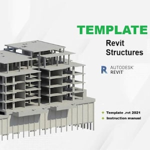 Peut inclure: Une représentation architecturale 3D d'un bâtiment à plusieurs étages avec une structure en béton. L'image comprend le texte "TEMPLATE Revit Structures" et le logo Autodesk Revit. Du texte supplémentaire indique un modèle .rvt 2021 et un manuel d'instructions.
