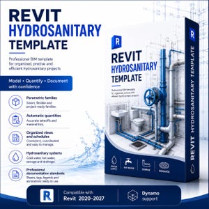 May include: A product box for "REVIT HYDROSANITARY TEMPLATE" is shown, with a blue and white colour scheme. The box features a 3D rendering of plumbing fixtures and pipes, and icons representing water supply, hot water, sewage, and drainage.