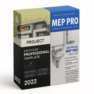 Peut inclure: Boîte de logiciel Archicad MEP Pro, avec une représentation architecturale moderne. La boîte est étiquetée "Project" et "2022". Elle comprend du texte sur la conception, les modèles et une licence commerciale et résidentielle.