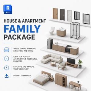 Può includere: Illustrazione isometrica di un pacchetto famiglia per casa e appartamento. L'immagine presenta vari mobili e accessori, tra cui porte, finestre, un WC, una doccia, un frigorifero, una cucina, un divano, un letto, un armadio e una scrivania. Testo: "PACCHETTO FAMIGLIA CASA & APPARTAMENTO."