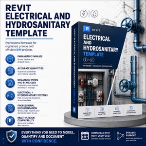 May include: A dark blue box with the text "REVIT ELECTRICAL AND HYDROSANITARY TEMPLATE" and icons. The box is on a gray circular platform, with blue pipes and valves in the background. The text "EVERYTHING YOU NEED TO MODEL, QUANTIFY AND DOCUMENT WITH CONFIDENCE" is also visible.