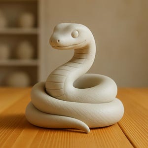 Puede incluir: Una figura de serpiente de cerámica en color blanco roto mate enrollada en una base circular. La escultura presenta una cabeza lisa y redondeada con sutiles hendiduras para los ojos y fosas nasales, y surcos horizontales en el cuerpo.