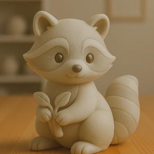 May include: A cream-coloured raccoon figurine holding a sprig of leaves. The raccoon has a striped tail and is sitting on a wooden surface. The figurine is a decorative item.