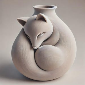 Könnte beinhalten: Eine hellbeige Keramikvase in Form eines zusammengerollten Fuchses. Der Fuchs ist mit gesenktem Kopf und um den Körper gewickeltem Schwanz dargestellt, was eine abgerundete, kompakte Form ergibt. Die Oberfläche weist feine, lineare Texturen auf.