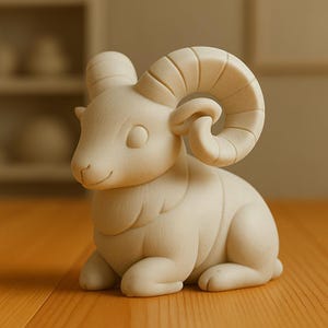 Könnte beinhalten: Eine hellbeige Widder-Figur in sitzender Position. Der Widder hat große, geschwungene, segmentierte Hörner, einen glatten, abgerundeten Kopf und ein strukturiertes Fell. Die Skulptur besteht aus einem soliden, matten, hellen Material.