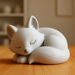 Può includere: Una statuetta bianco opaco raffigurante una volpe addormentata raggomitolata su se stessa. La volpe ha orecchie a punta, occhi chiusi e un piccolo naso grigio. La superficie presenta sottili linee testurizzate che imitano il pelo.