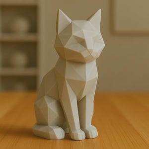 Könnte beinhalten: Eine geometrische Katzenskulptur in sitzender Position. Die Skulptur ist hellbeige und hat ein facettiertes Design, das ihr eine moderne, minimalistische Ästhetik verleiht. Die Katze hat spitze Ohren und ein detailliertes Gesicht.