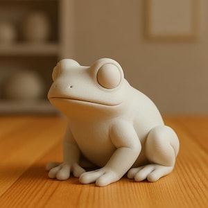 Könnte beinhalten: Eine matt-cremeweiße Froschfigur mit einer glatten, soliden Oberfläche. Der Frosch ist in sitzender Position dargestellt, mit nach vorne ausgestreckten Vorderbeinen und geschlossenen, großen, runden Augen, in einem schlichten Design.