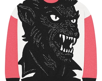 Rockabilly Werewolf Sweater – Hot Pink & Black Knit Pullover – Vintage Monster Horror Unisex Sweater
