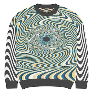May include: Crew neck sweatshirt with a swirling optical illusion design in shades of blue, yellow, and white. The sleeves feature black and white vertical stripes. The collar, cuffs, and hem are dark gray.