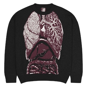 Könnte beinhalten: Schwarzes Sweatshirt mit einer detaillierten anatomischen Illustration von Lunge und inneren Organen in Burgunderrot und Weiß. Das grafische Design befindet sich mittig auf der Vorderseite und bildet einen starken Kontrast zum dunklen Hintergrund.