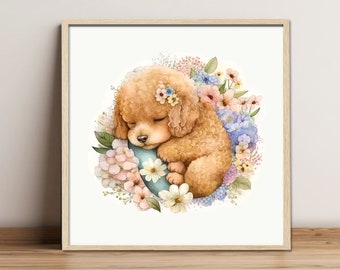 Digital painting "Poodle""Flower", Digital download, Print Art, Wall Art, Fine Art Print, Gift for Dog lovers