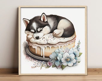 Digital painting "Husky""Chocalate cake", Digital download, Print Art, Wall Art, Fine Art Print, Gift for Dog lovers