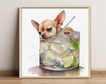 Digital painting "Chihuahua""Lime Tonic Coctails", Digital download, Print Art, Wall Art, Fine Art Print, Gift for Dog lovers, Drunker