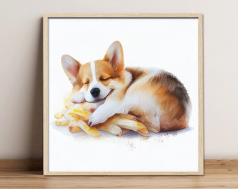 Digital painting "Corgi" baby "French fries" , Digital download, Print Art, Wall Art, Fine Art Print, Gift for Dog lovers, Sleeping