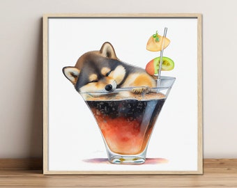 Digital painting "Husky""Coctails", Digital download, Print Art, Wall Art, Fine Art Print, Gift for Dog lovers, Drunker