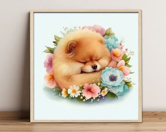Digital painting "Pomeranian""Flower", Digital download, Print Art, Wall Art, Fine Art Print, Gift for Dog lovers, Sleeping dog