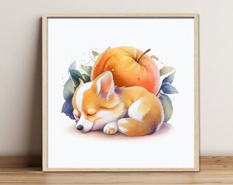 Digital painting "Corgi" baby "Apple" , Digital download, Print Art, Wall Art, Fine