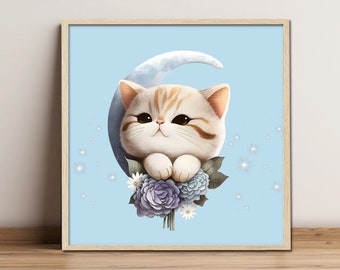 Kitten Moon Wall Art ~ Baby Cat Print ~ Girls Bedroom Decor ~ Baby Animal ~ Printable Digital Download - Moon Kitten