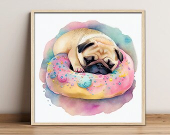 Digital painting "PUG""Donuts", Digital download, Print Art, Wall Art, Fine Art Print, Gift for Dog lovers