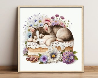 Digital painting "Husky" baby "Chocolate cake" , Digital download, Print Art, Wall Art, Fine Art Print, Gift for Dog lovers, Sleeping