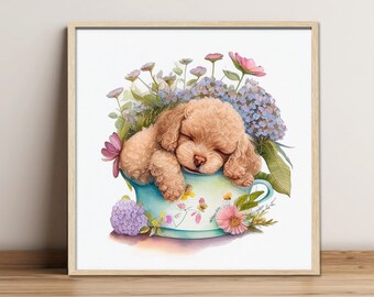 Digital painting "Poodle""Flower", Digital download, Print Art, Wall Art, Fine Art Print, Gift for Dog lovers