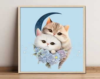 Kitten Moon Wall Art ~ Baby Cat Print ~ Girls Bedroom Decor ~ Baby Animal Twins ~ Printable Digital Download - Moon Kitten