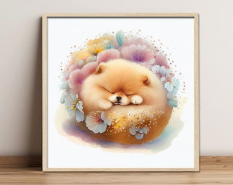 Digital painting "Pomeranian""Flower", Digital download, Print Art, Wall Art, Fine Art Print, Gift for Dog lovers