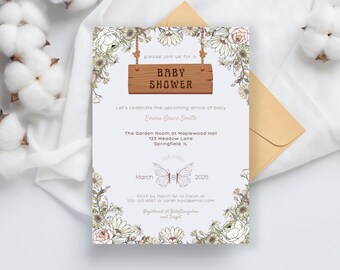Puede incluir: Una invitación a un baby shower con un diseño floral. La invitación presenta un letrero de madera que dice "Baby Shower" y una mariposa. El texto de la invitación dice: "Por favor, únase a nosotros para un Baby Shower. Celebremos la próxima llegada del bebé Emma Grace Smith. La Sala del Jardín en Maplewood Hall, 123 Meadow Lane, Springfield, IL. Marzo 2025. RSVP antes del 1 de marzo a Daron al 555-123-4567 o sarah.host@email.com. Registrado en Baby Bungalow y Target."