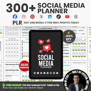 300 Page Social Media Planner Bundle, Social Media Content Planner, Printable Business Planner, Social Media Marketing, PLR Canva Templates