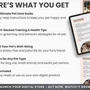 May include: A digital product listing for a pet care guide. The listing highlights the guide's features, including step-by-step instructions, expert-backed training and health tips, and a focus on boosting pet well-being. The guide is described as working for any pet type and includes private label rights (PLR).